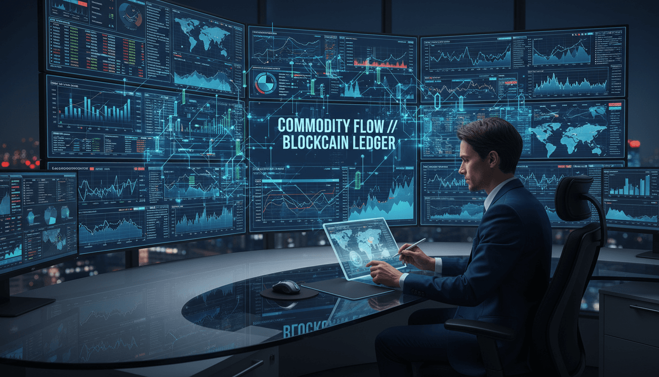 Profissional analisando mercados de commodities com tecnologia blockchain e criptografia