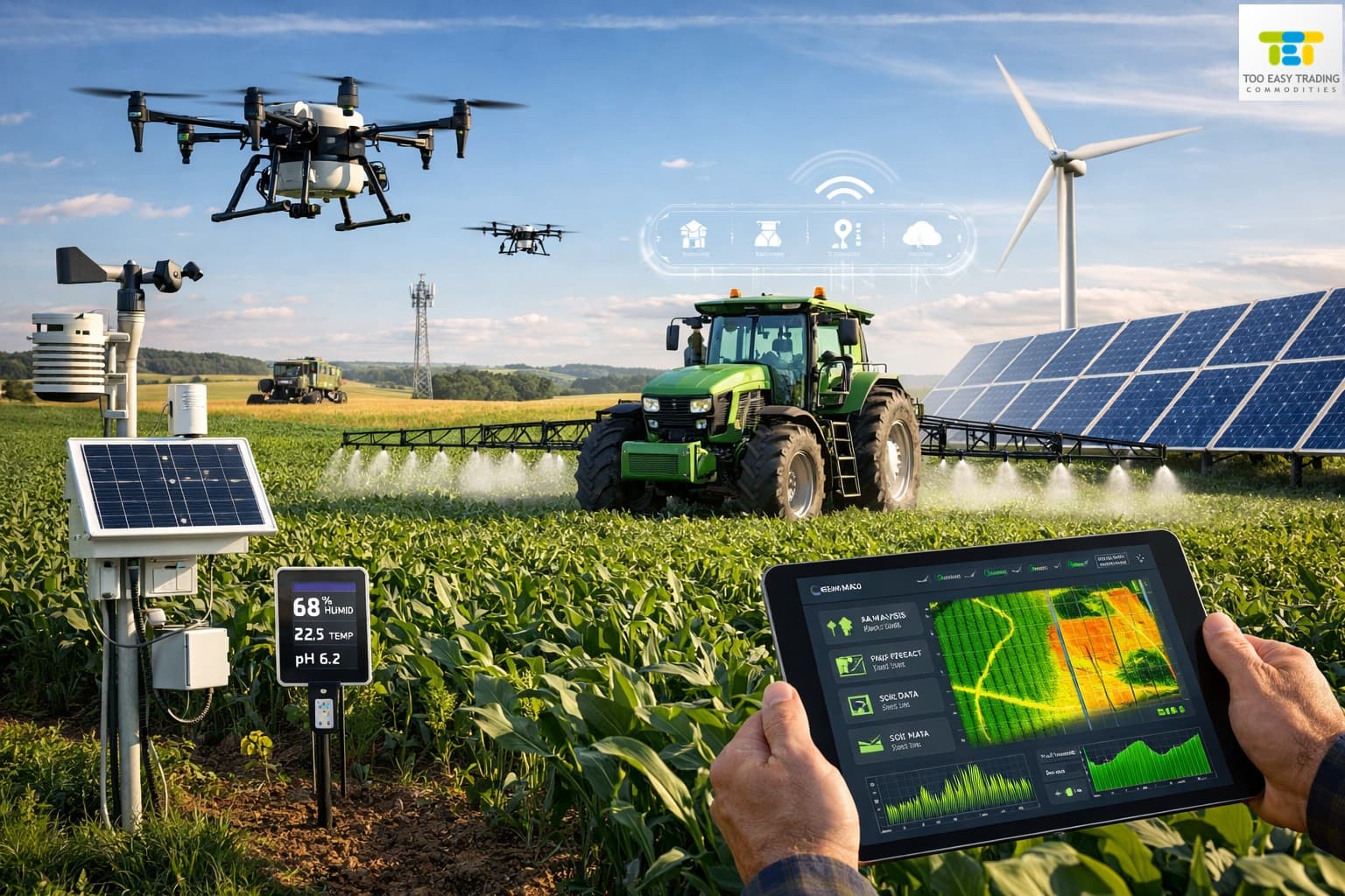 Agricultura tecnológica com drones, trator, energia renovável e monitoramento de dados por tablet no campo.