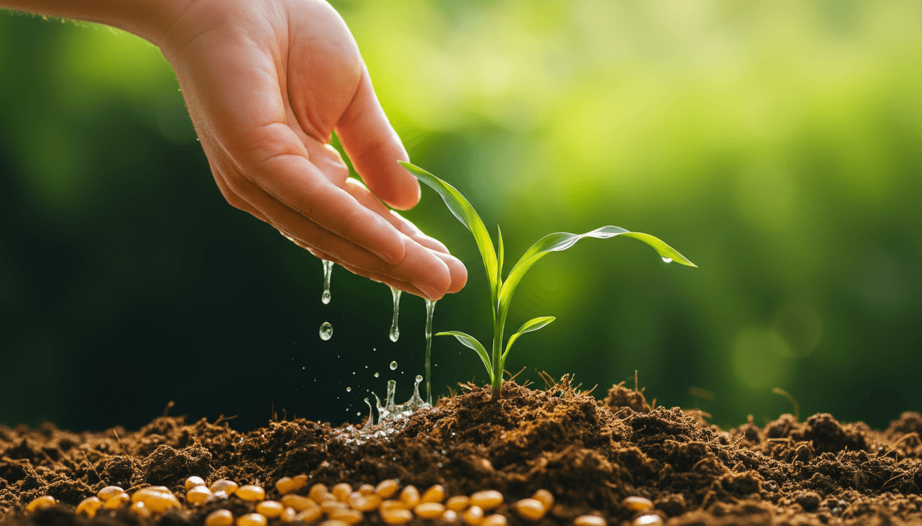 Mão gotejando água sobre um pequeno broto verde crescendo no solo fértil sob luz solar.