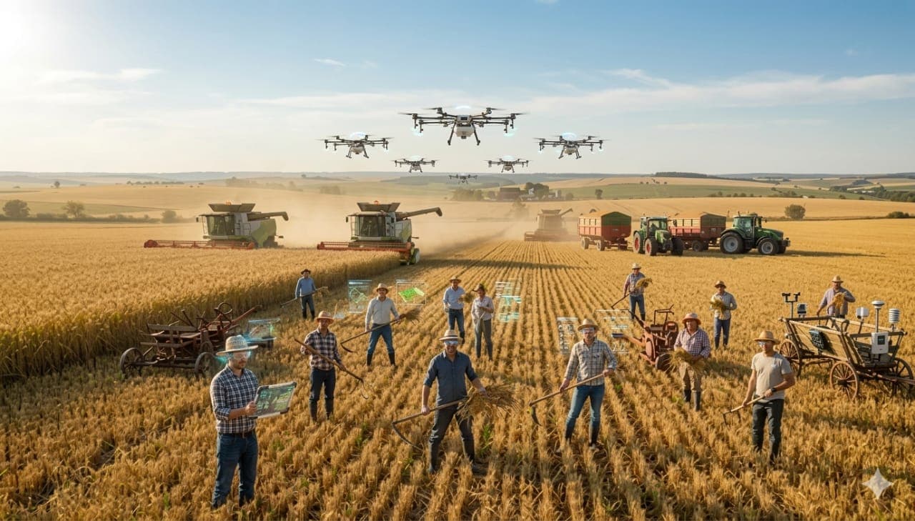 Agricultores com ferramentas manuais e tecnologia avançada, drones e colheitadeiras em um campo de trigo.